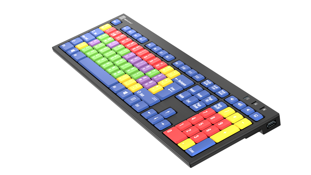 Billede af LogicKeyboard NERO Windows med farvede knapper fra højre side oppe.