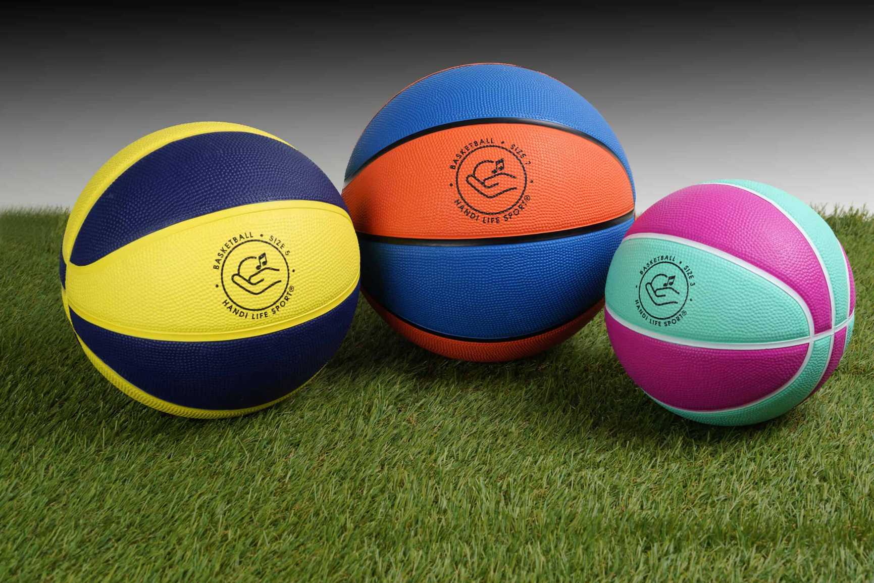 Billede af Handi Life Sport Basketball Bolde i tre forskellige størrelser placeret på kunstgræs