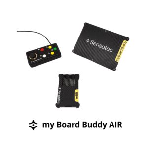 Billede af MyBoardBuddy Air systemet som består af en transmitter og en receiver samt et kontrolpanel med teksten my Board Buddy AIR