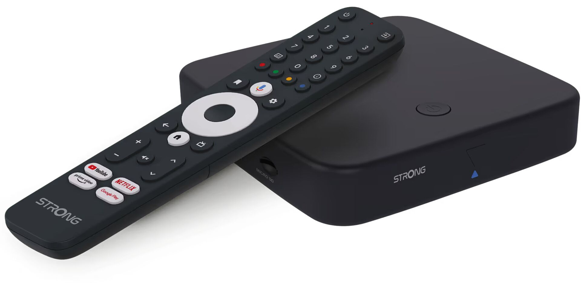 Billede af Strong SRT423TV Boks med fjernbetjeningen placeret ovenpå