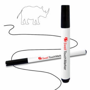 Billede af Swell Touch Tusch hvor en tusch peger opad og den anden ligger ned, med et næsehorn og en tynd streg som baggrund