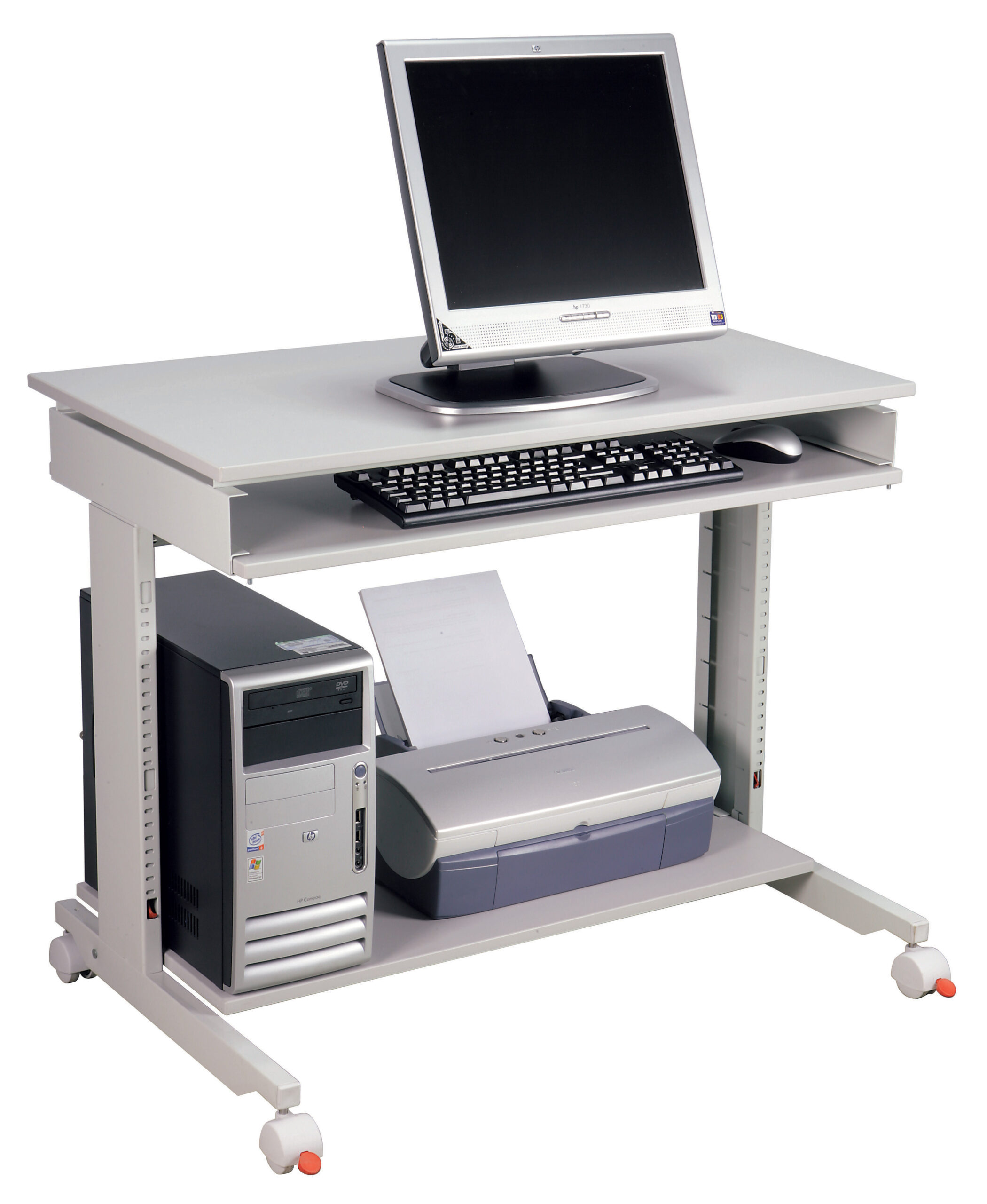 Billede af TWINCO TWIN CLICK Arbejdsstation i grå, med computerskærm placeret på den øverste bordplade, og en stationær computer og printer nederst