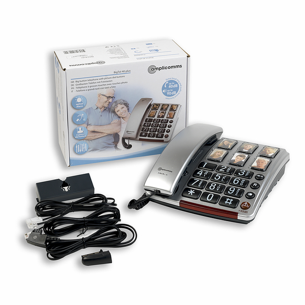 BigTel 40 Plus Bordtelefon ved siden af original kasse og tilbehør