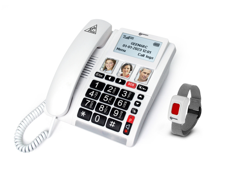 Billede af CL9000 SIM Kort Bordtelefon placeret ved siden af SOS Armbåndskald
