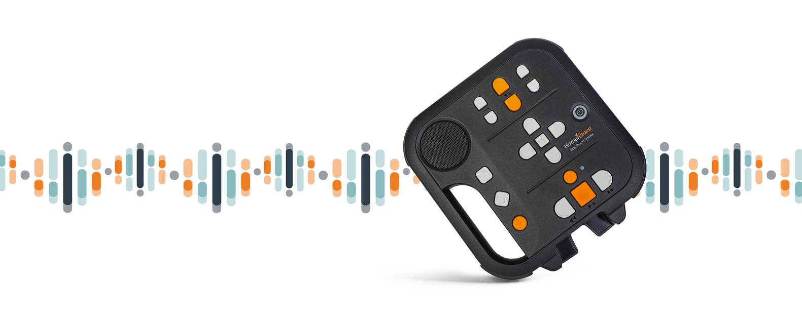 Billede af Victor Reader Stratus 2 med illustration af lydbølger i baggrunden