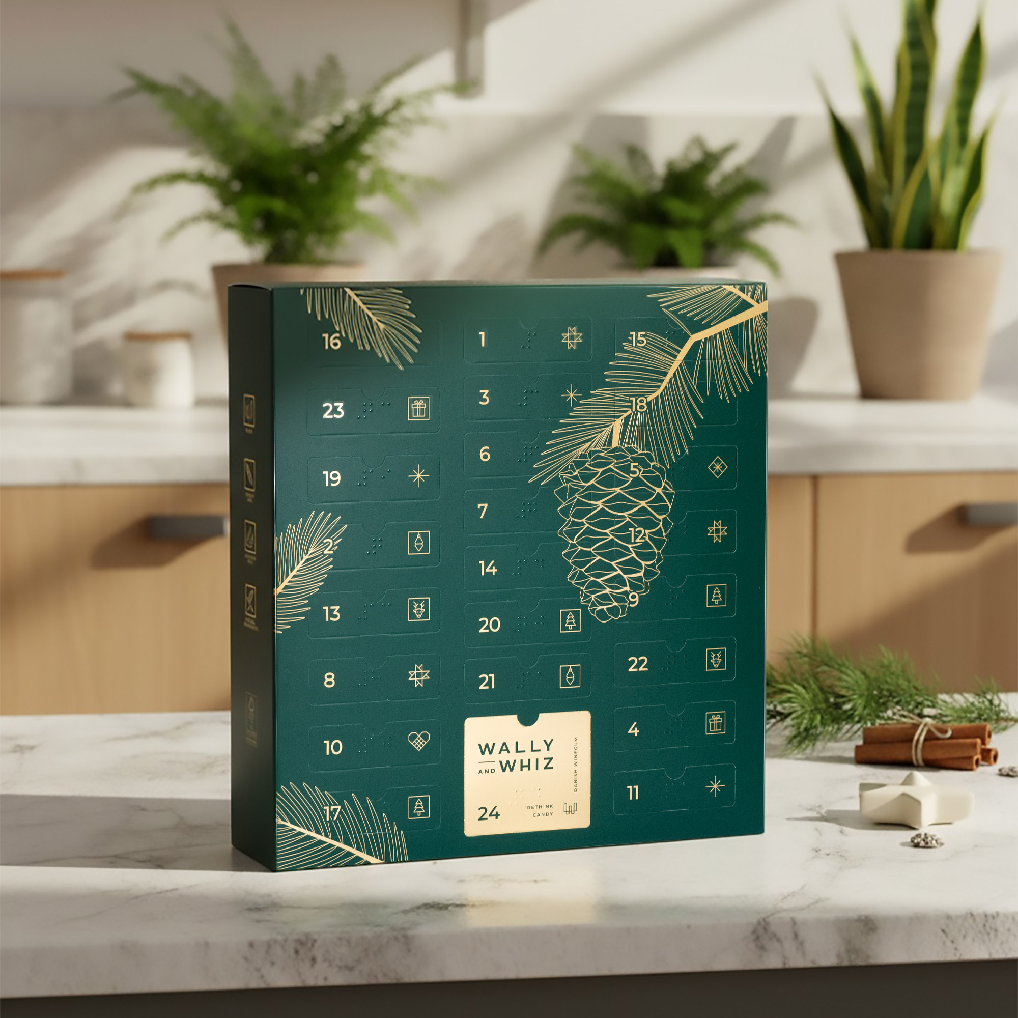 Billede af Wally and Whiz julekalender 2025 placeret på en marmor bordplade