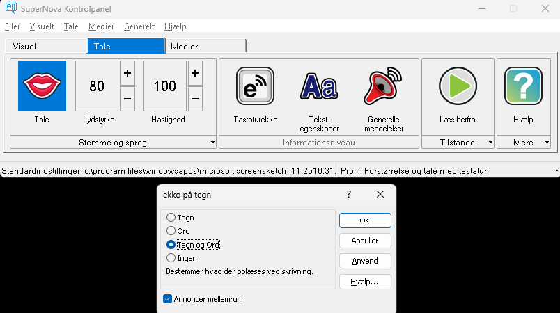 Skærmbillede fra SuperNova Forstørrelse & Tale Med tastaturekko indstillinger