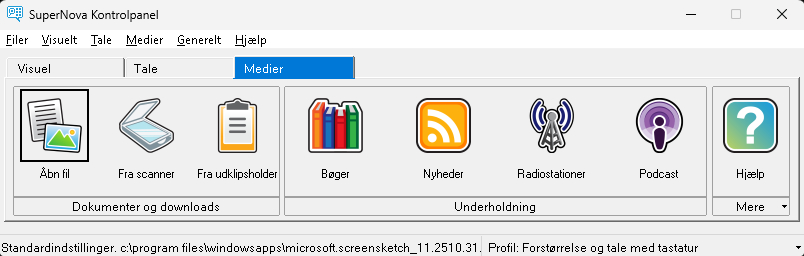 Skærmbillede fra SuperNova Forstørrelse & Tale med fanen Medier