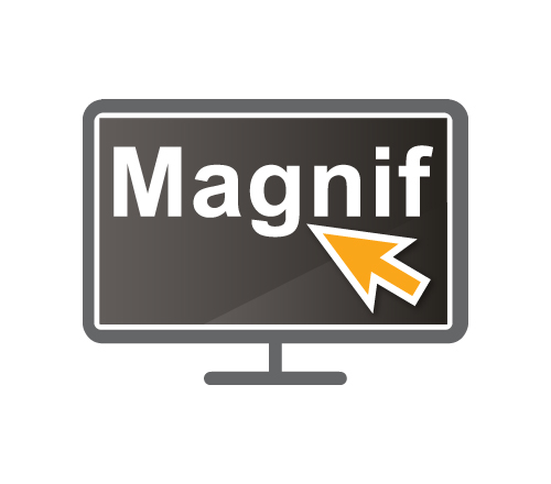 SuperNova Forstørrelse Ikon bestående af en computerskærm med bogstaverne Magnif oven over en stor, orange musemarkør