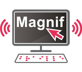 SuperNova Forstørrelse & Skærmlæser Ikon bestående af en computerskærm med bogstaverne Magnif oven over en stor, rød musemarkør