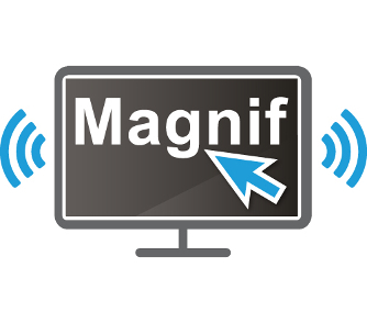 SuperNova Forstørrelse & Tale Ikon bestående af en computerskærm med bogstaverne Magnif oven over en stor, blå musemarkør med højttaler piktogram
